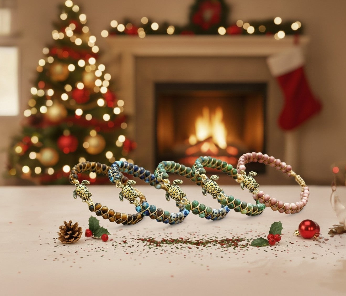 Colorful beaded bracelets on a table with a festive background including a Christmas tree and fireplace.