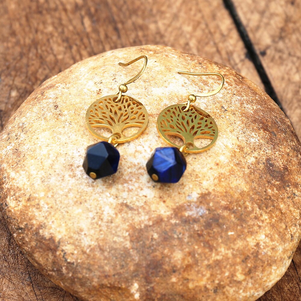 Cherished Luck - Blue Tiger's Eye Tree of Life Earrings - TeamPlanting