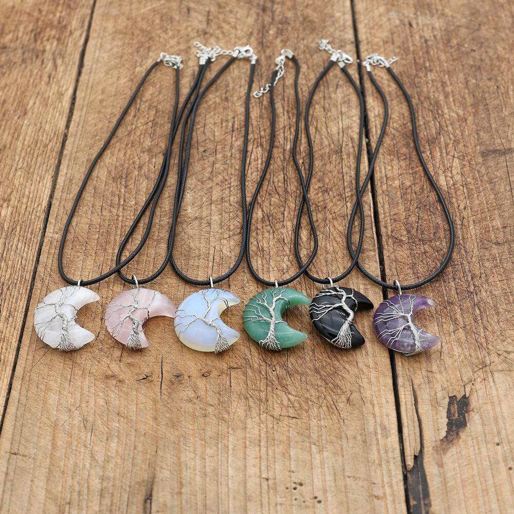 Abundant Prosperity - Quartz Moon Wire Tree of Life Necklace - TeamPlanting