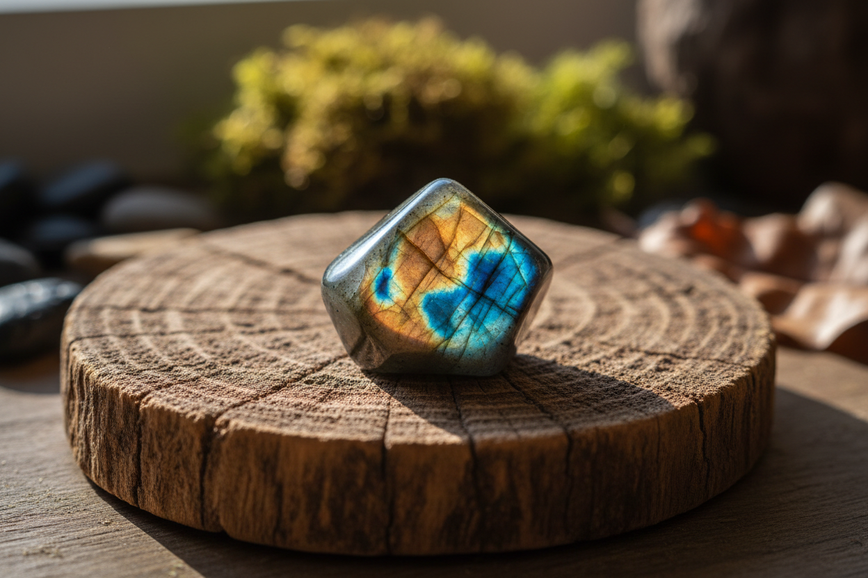 Labradorite crystal on a wooden plate