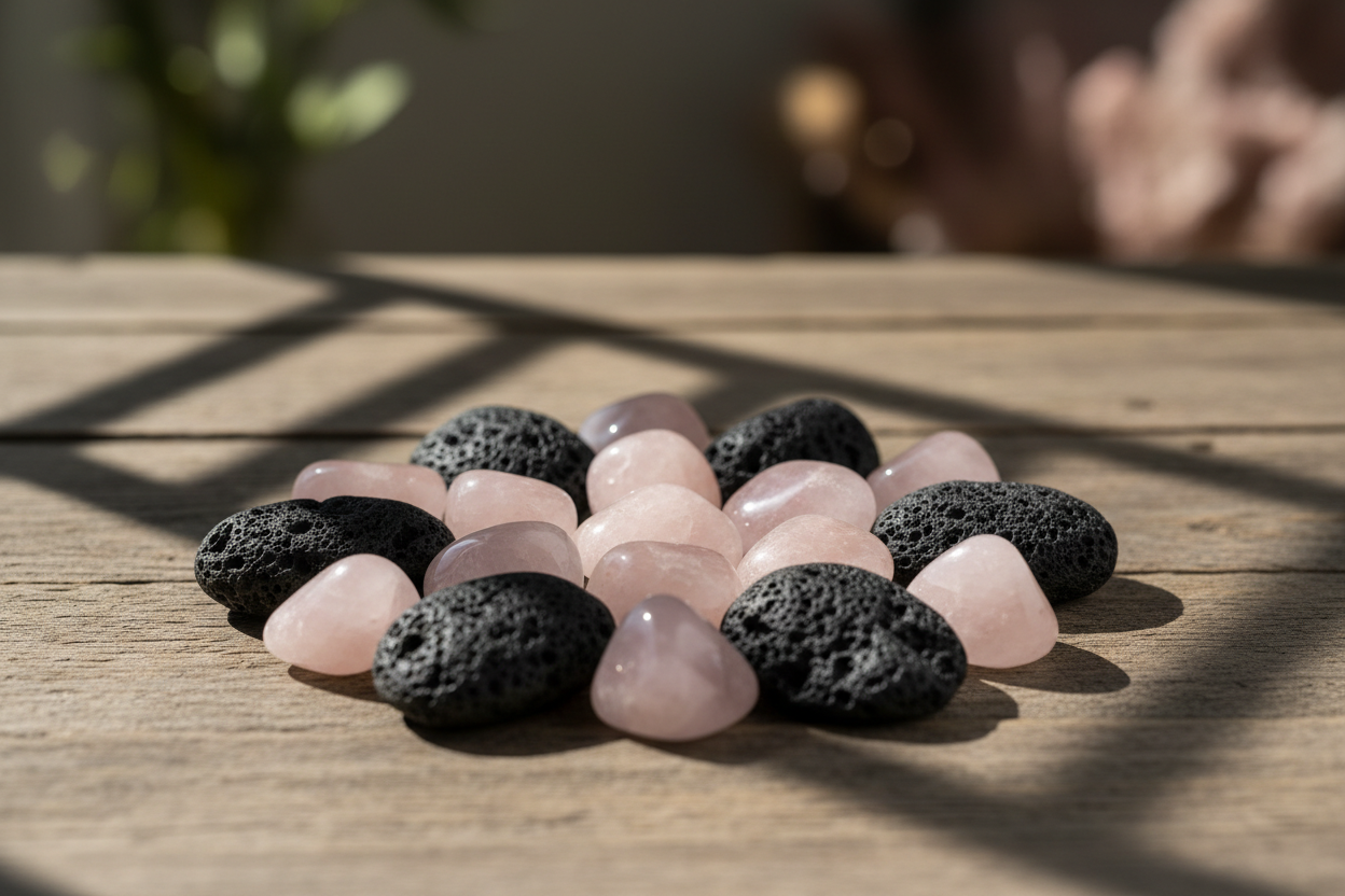 rose quartz and lava stone on a table