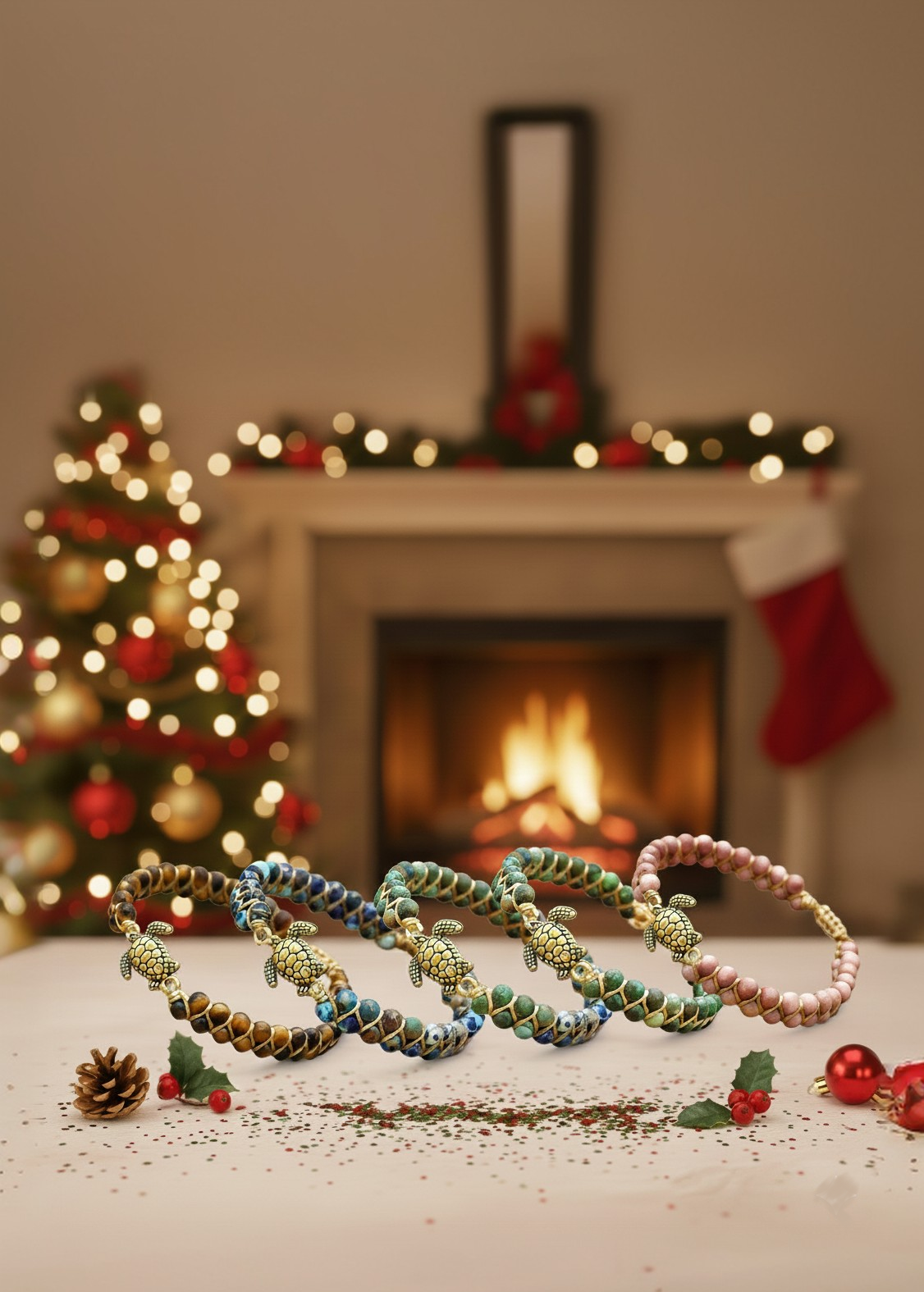 Colorful beaded bracelets on a table with a festive background featuring a Christmas tree and fireplace.
