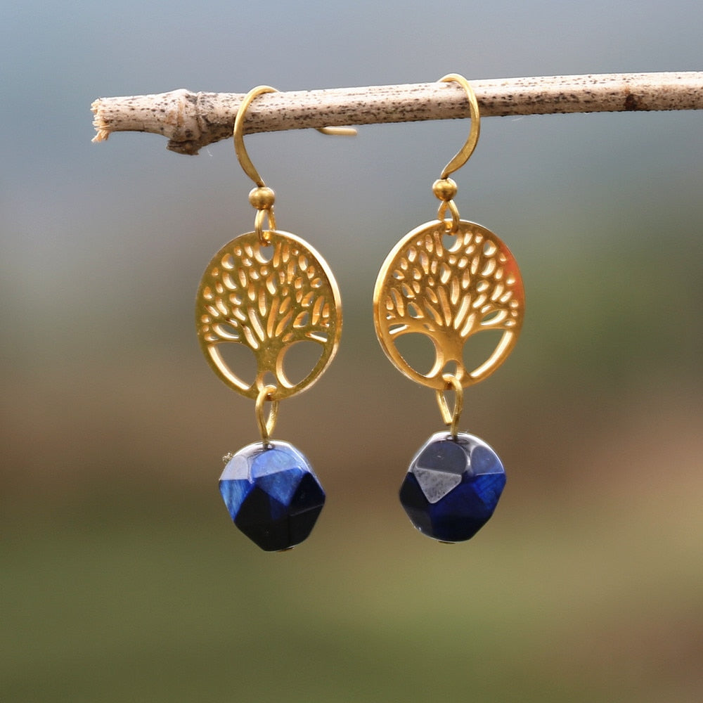 Cherished Luck - Blue Tiger's Eye Tree of Life Earrings - TeamPlanting